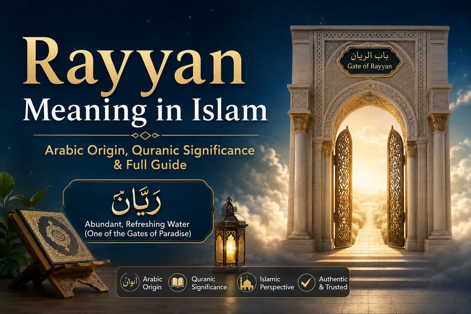 Rayyan meaning in Islam with Arabic script and Islamic symbolism.